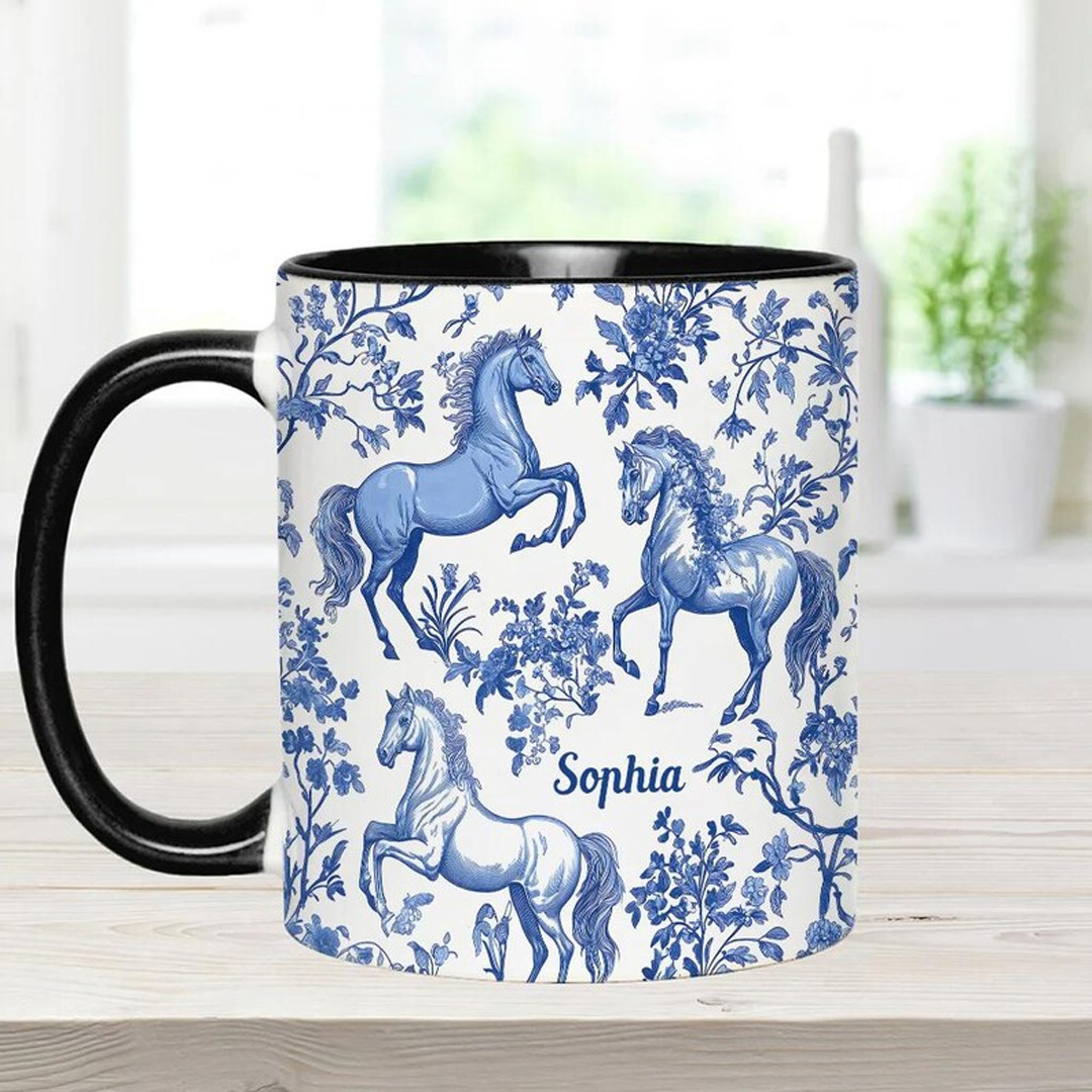 Personalized Multicolor Equestrianism Pattern Ceramic Coffee Mug with Text and Coaster Anniversary Birthday Gift for Equestrians Cowgirls Riding Lovers
