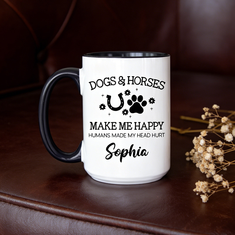 Personalized Dogs and Horses Make Me Happy Mug for Equestrian Horse Riding Lovers