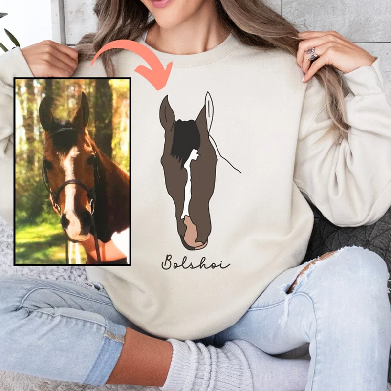 Personalized Horse Photo Line Drawing Sweatshirt Crewneck Equestrian Shirt Horseback for Riding Lovers