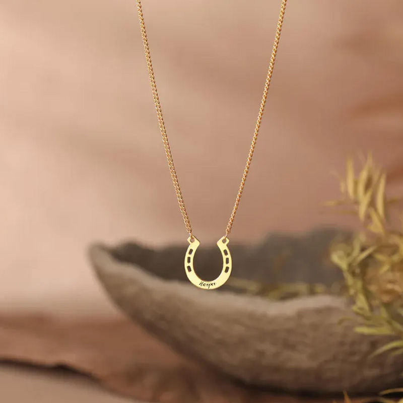Personalized Horseshoe Charm Necklace with Name Jewelry Cube Gift for Equestrian Riding Lovers