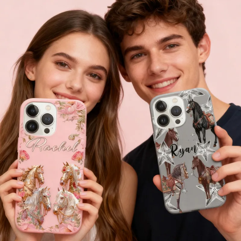 Personalized Couple Phone Case Phone Cases with French Countryside Gifts Floral Design and Custom Name for Riding Lovers Equestrian Lovers Unique Style Phone Cases