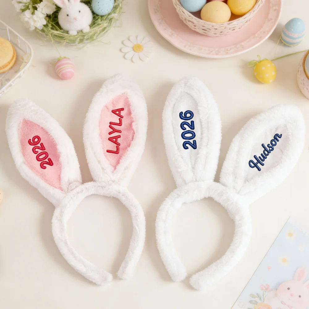Personalized Cute Rabbit Ears Hairband with Embroidery Name and Year Easter Party Birthday Gift for Kids