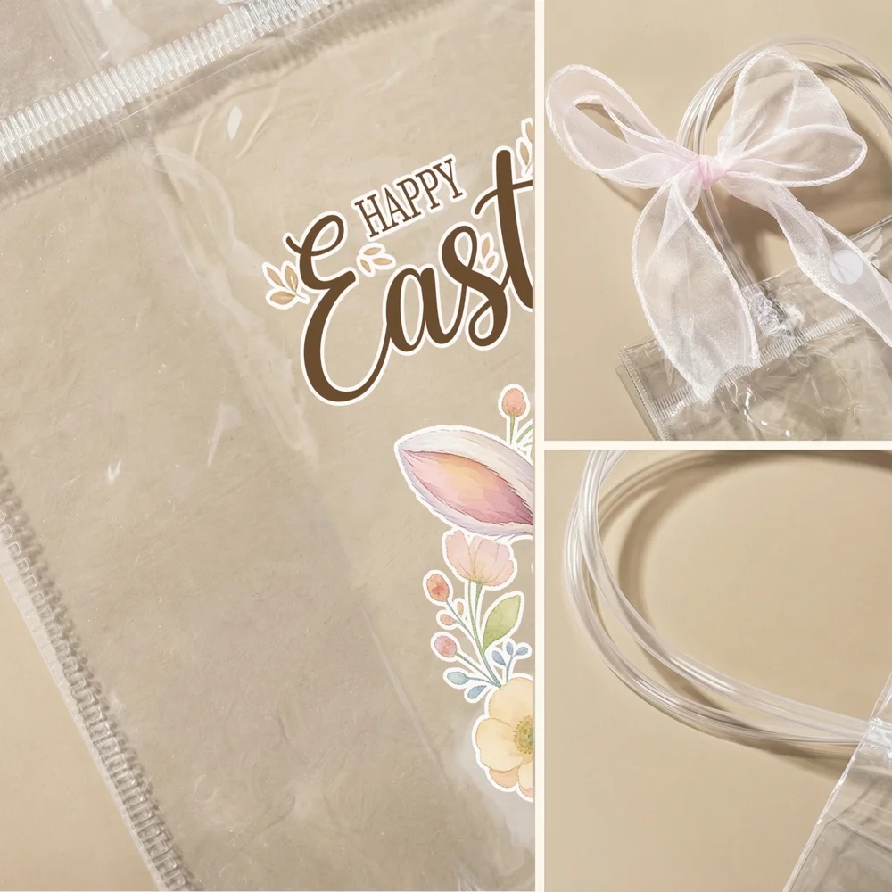Personalized Floral Animals Clear Gift Bag with Name and Pink Bow Ribbon Holiday Treat Packaging Easter Party Favors Gift for Kids
