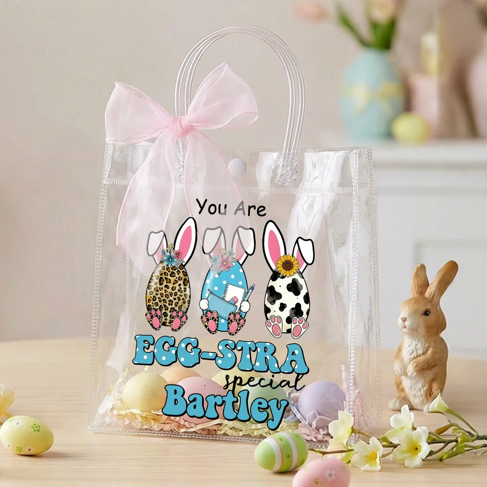 Personalized Cute Easter Eggs Clear Gift Bag with Name and Pink Bow Ribbon Easter Party Favors Gift for Kids