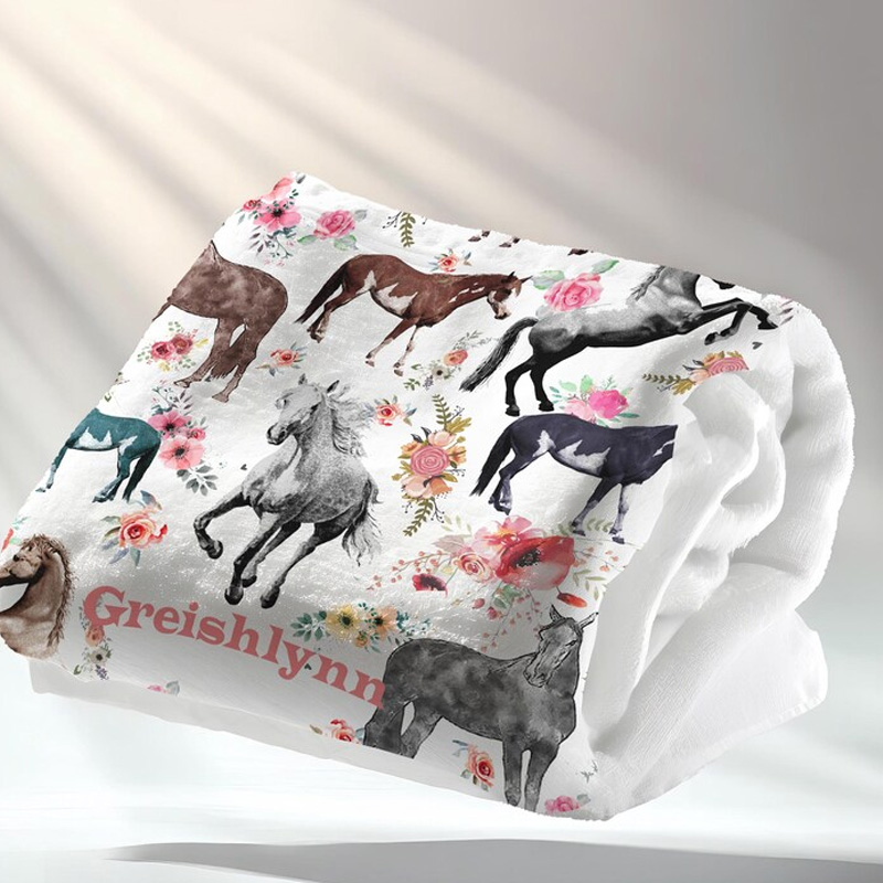 Personalized Flower Horses Throw Blanket Gift for Riding Lovers Equestrian Lovers