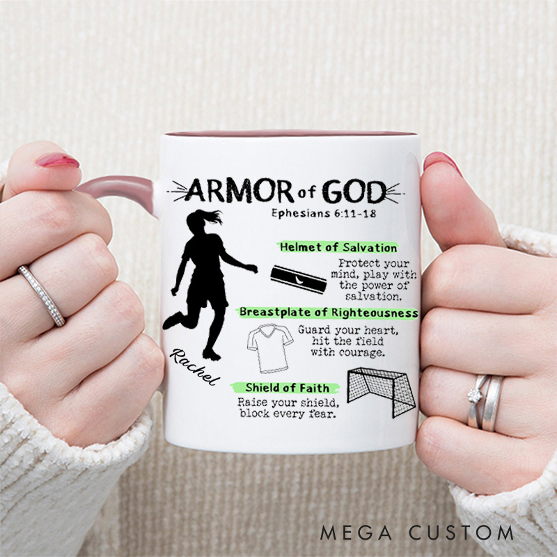Personalized Armor of God for Soccer Ceramic Mug with Name Religious Inspirational Gift for Christians