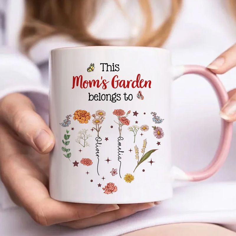 Personalized This is Garden Belongs to Heart Birth Flowers 11 oz Ceramic Mug with 1-12 Names Birthday Mother's Day Gift for Mom Grandma