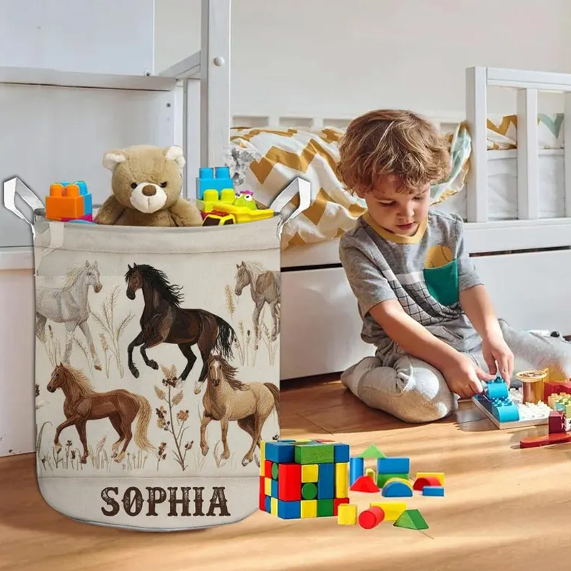 Personalized Beautiful Horses Organizer Basket Waterproof Laundry Basket with Handle and Name Bedroom Laundry Room Birthday Gift for Equestrian Lovers