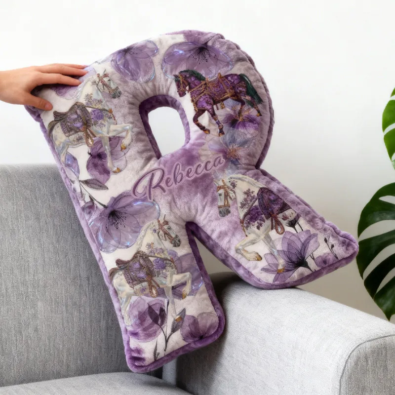 Personalized Riding Floral Letter Pillow Floral Horse Custom Name Festive Flower Decor with French Countryside Gifts for Family Lavender Graphic 3D Print for Riding Lovers Equestrian Lovers