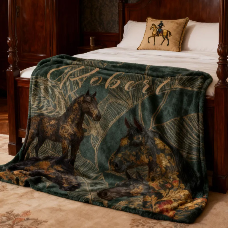 Personalized Riding Golden Leaves Blanket Equestrian Horse Custom Name Festive Flower Decor with French Countryside Gifts Family Blanket for Riding Lovers Equestrian Lovers