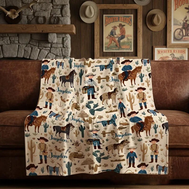 Personalized Western Cowboy Cow Horse Soft Throw Blanket with Name Home Decor Birthday Anniversary Gift for Cowboy Country Lover Riding Lovers Equestrian Lovers