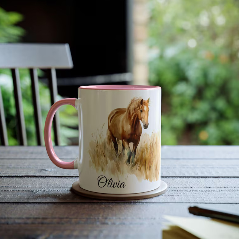Personalized Watercolor Horse Cup Gift Mug for Equestrian Horse Riding Lovers