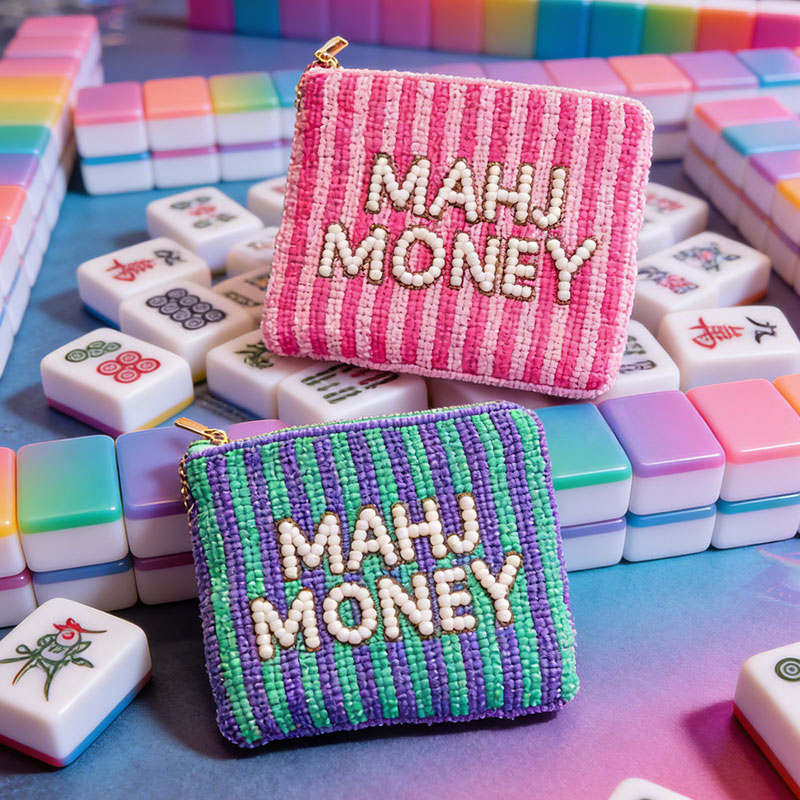 Mahjong Money Beaded Pouch Pink Seed Bead Coin Purse Mahjong Gift Accessory