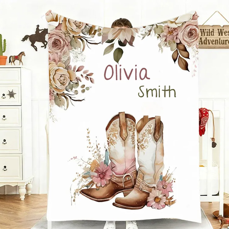 Personalized Floral Cowgirl Boots Western Soft Throw Blanket with Name Home Decor Western Nursery Birthday Gift for Cowgirls Friends Riding Lovers Equestrian Lovers