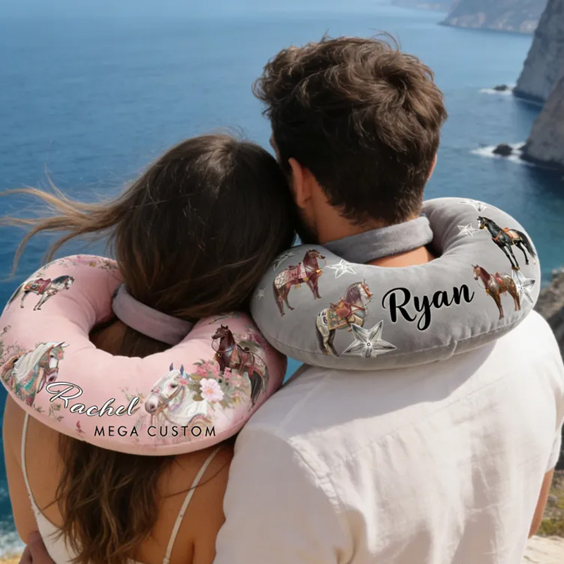 Personalized Couple Riding Horse Travel U-Shaped Pillow for Couple Valentain Pillow Gift for Riding Lovers Equestrian Lovers