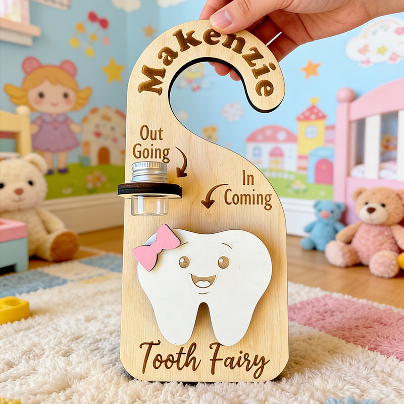 Personalized Tooth Fairy Door Hanger Custom Name Tooth Holder with Jar and Money Slot Kids Tooth Fairy Gift for Boys and Girls