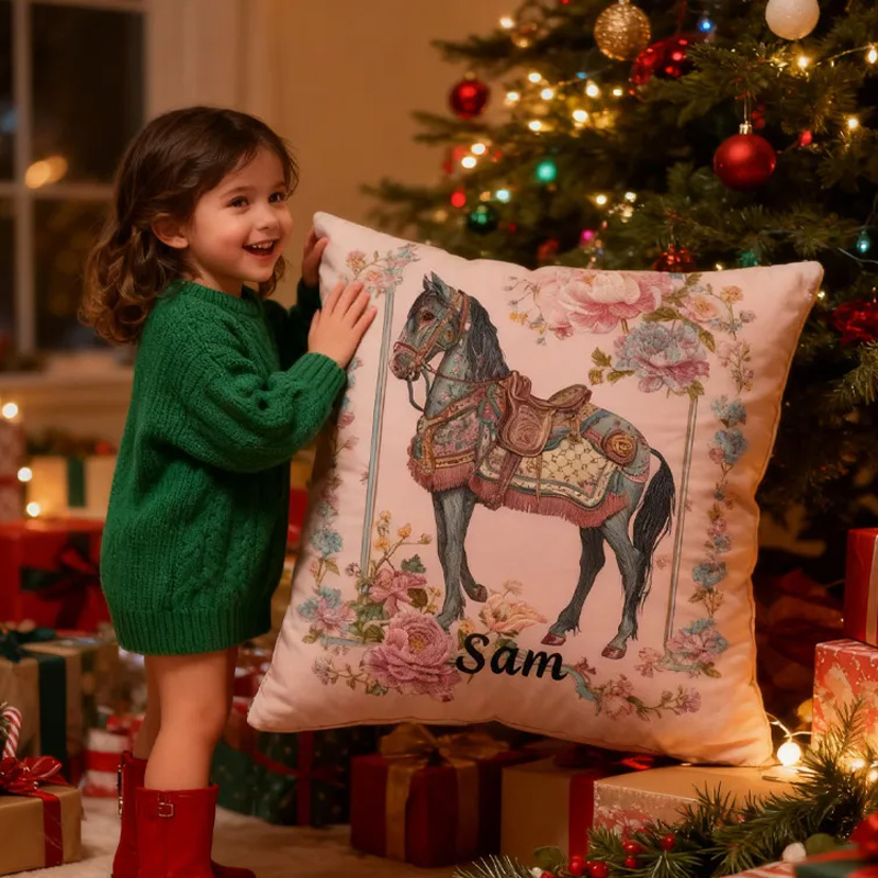 Personalized Riding Floral Horse Pillow Floral Horse Custom Name Festive Flower Decor with French Countryside Gifts for Family Graphic 3D Print Riding Lovers