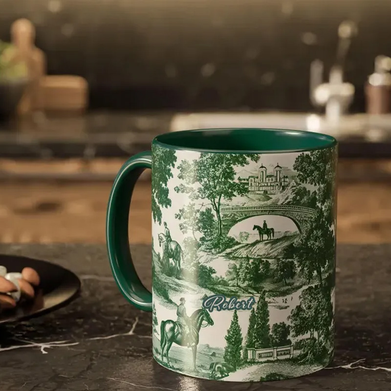 Personalized Riding Mug Green Toile Equestrian Mug Horse Lovers French Toile de Jouy Coffee Cup Gift for Coffee Cup Bicycle Tea Cup Riding Ceramic Mug Gift for Riding Lovers Equestrian Lovers