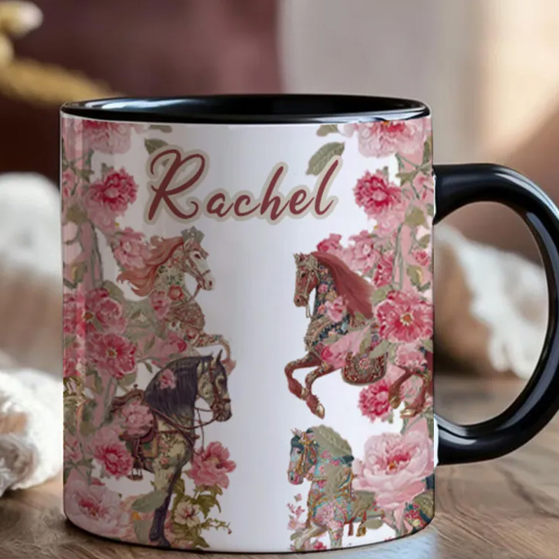 Personalized Riding Mug Floal Mug Horse Lovers French Toile de Jouy Coffee Cup Gift for Coffee Cup Bicycle Tea Cup Riding Ceramic Flower Mug Gift for Riding Lovers Equestrian Lovers