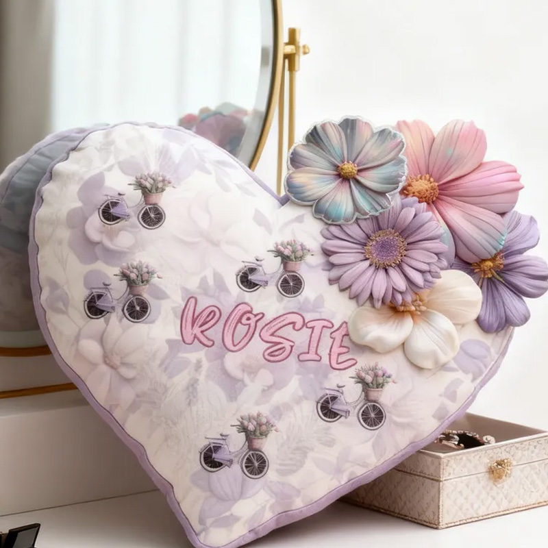 Personalized Floral Heart Bike Pillow Custom Name Festive Decor with Bicycle Flower Christmas Gifts for Family Graphic 3D Print Cycling Riding Lovers