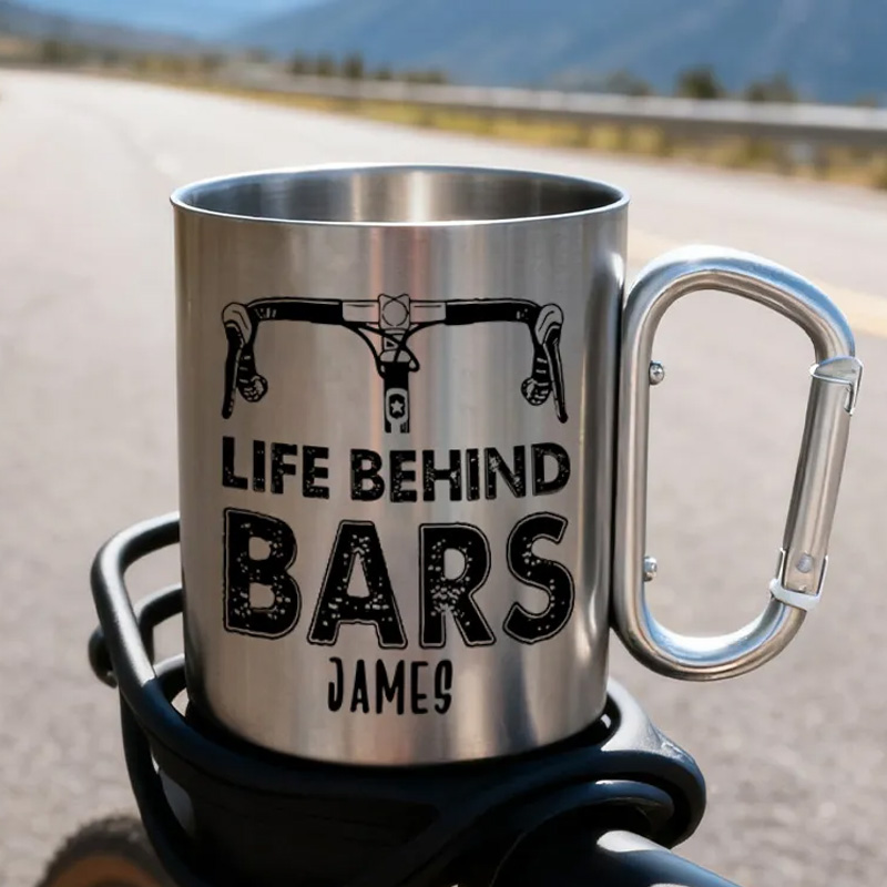 Personalized Riding Escape Hiking Carabiner Life Behind Bar Travel Holiday Camping Stainless Steel Mug Adventure Coffee Cup Tea Mug Gift Birthday for Cycling Riding Lovers