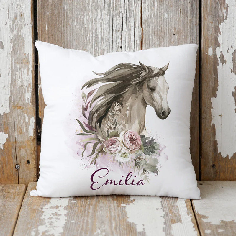 Personalized Floral Horse Cushion Throw Pillow Cover Plaid Horse Accent Pillow Farmhouse Decor for Riding Lovers Equestrian Lovers