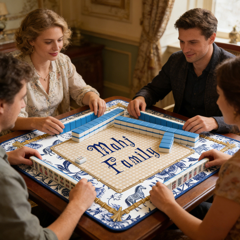 Personalized Mahjong Blue White Porcelain Horse Mahjong Mat Custom Text Gift Neoprene Game Surface Travel Portable Playing for Equestrian Lovers