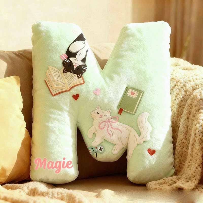 Personalized Cat Lover Book Game Controller Letter Pillow with Custom Name Graphic 3D Print