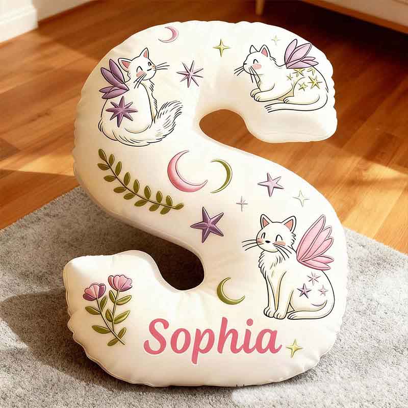 Personalized Cat Lover Mystical Cats with Wings Letter Pillow with Custom Name Graphic 3D Print