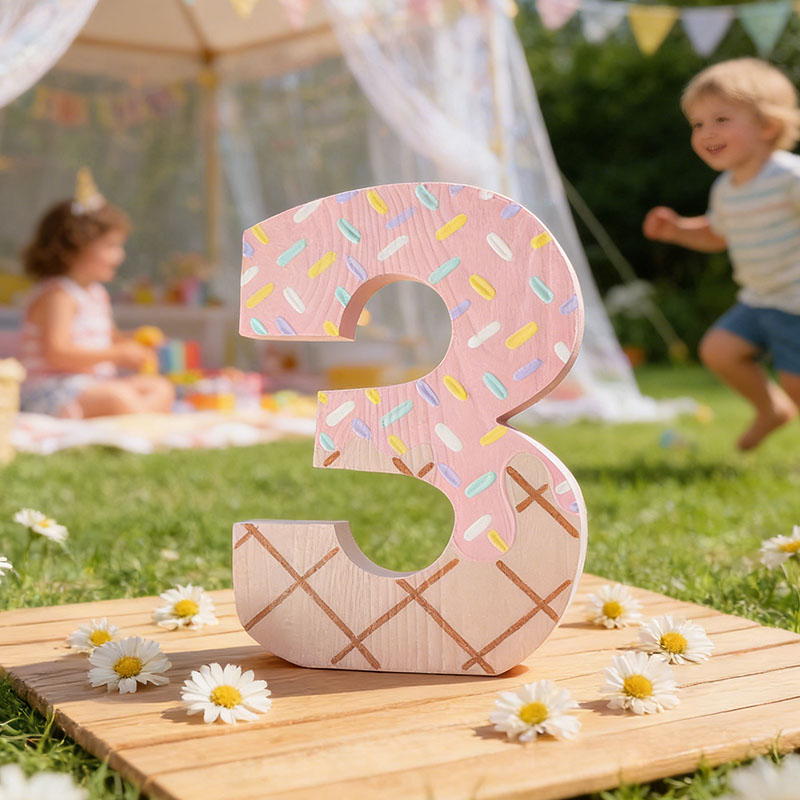 Ice Cream Number 3 Pink Sprinkles Personalized Wooden Birthday Decor
