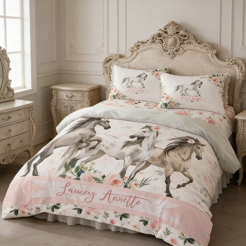 Personalized Horses Duvet Cover Farmhouse Floral Bedding Gift for Equestrian Lovers