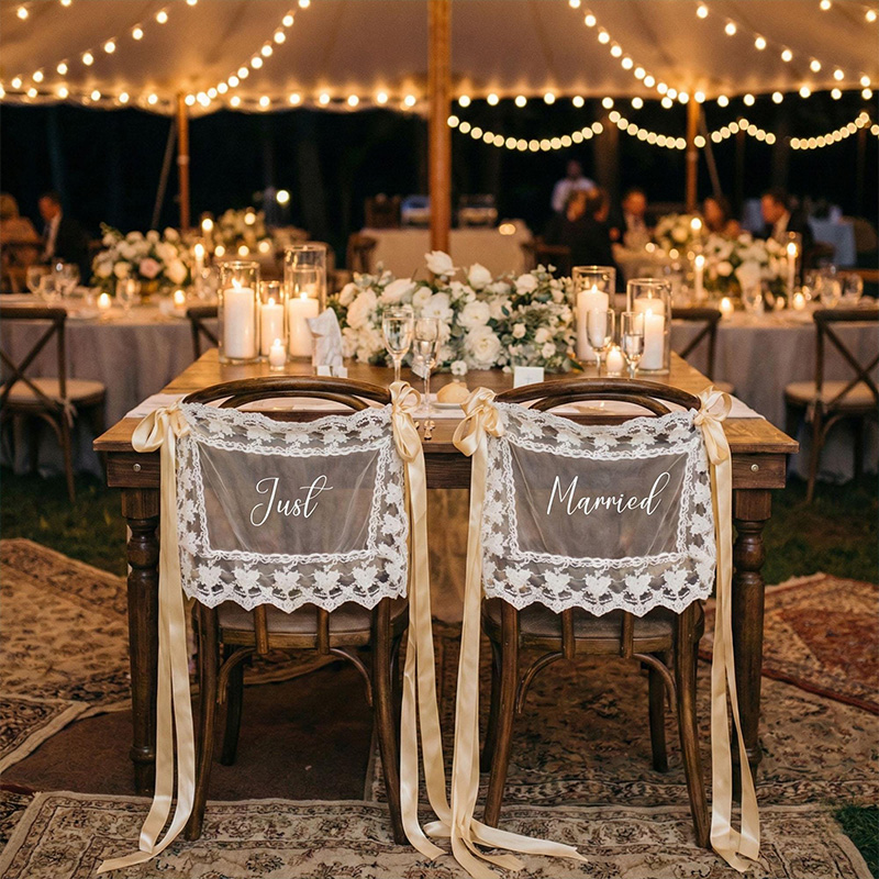 Personalized Wedding Chair Banner Just Married Sign Sheer Sweetheart Table Decor for Bride and Groom