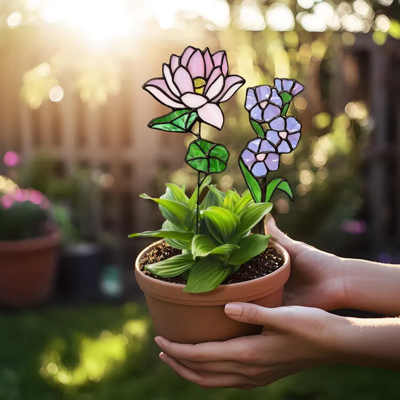 Personalized SStained Glass Birth Month Flower Birthday Suncatcher Custom Glass Flower Plant Stake Home Decor Gift for Her Mom Grandma