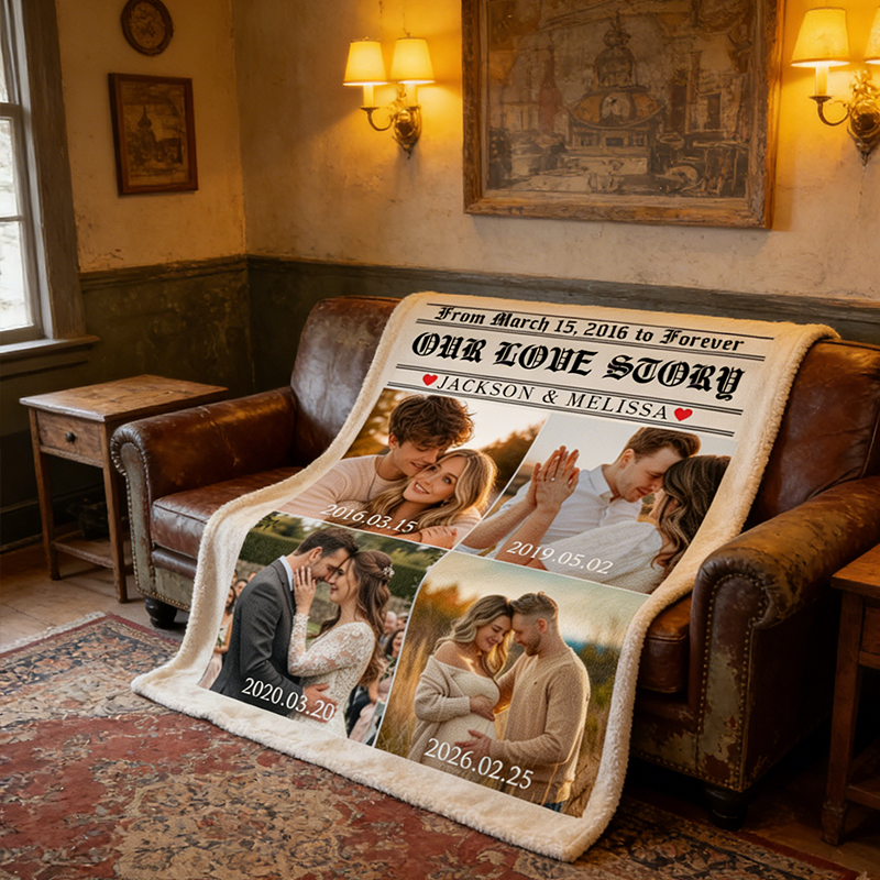 Personalized Couple Love Story Poster Design Photo Blanket with Time and Name Newlywed Wedding Newspaper Blanket Anniversary Gift for Husband