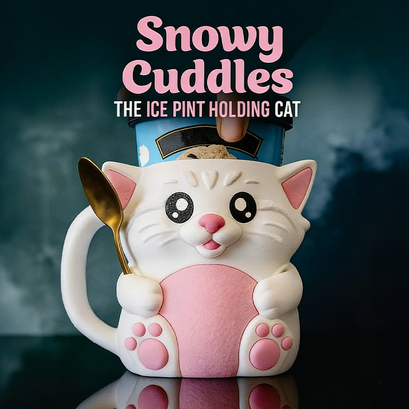 Cat Ice Cream Pint Holder 3D Printed with Spoon Slots & Snack Drawer 16oz Gift for Cat Lovers