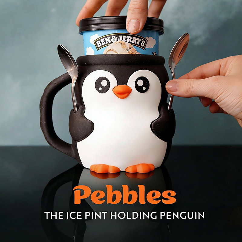 Penguin Ice Cream Pint Holder 3D Printed with Spoon Slots & Snack Drawer