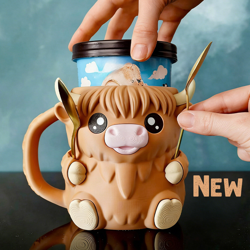 Highland Cow Ice Cream Pint Holder 3D Printed with Spoon Slots & Snack Drawer