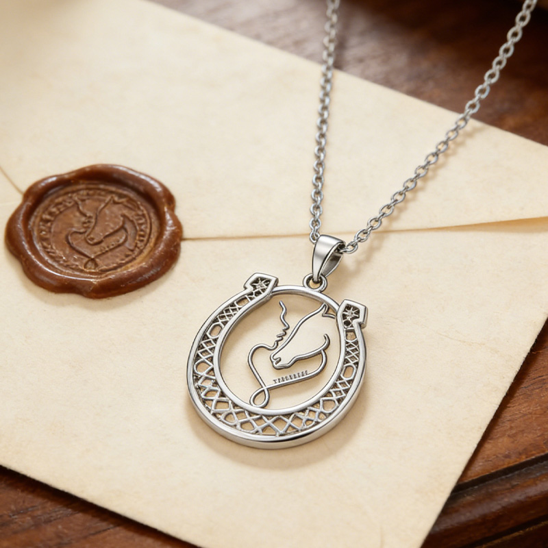 Personalized Couple Horse Rider Necklace Horseshoe Necklace Charm Jewellery Gift for Equestrain Lovers