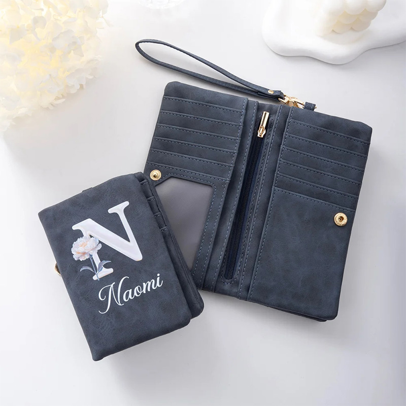 Personalized Pearl Laser Birth Flower PU Leather Folded Wristlet Wallet with Name and Multiple Card Slots Birthday Anniversary Gift for Women