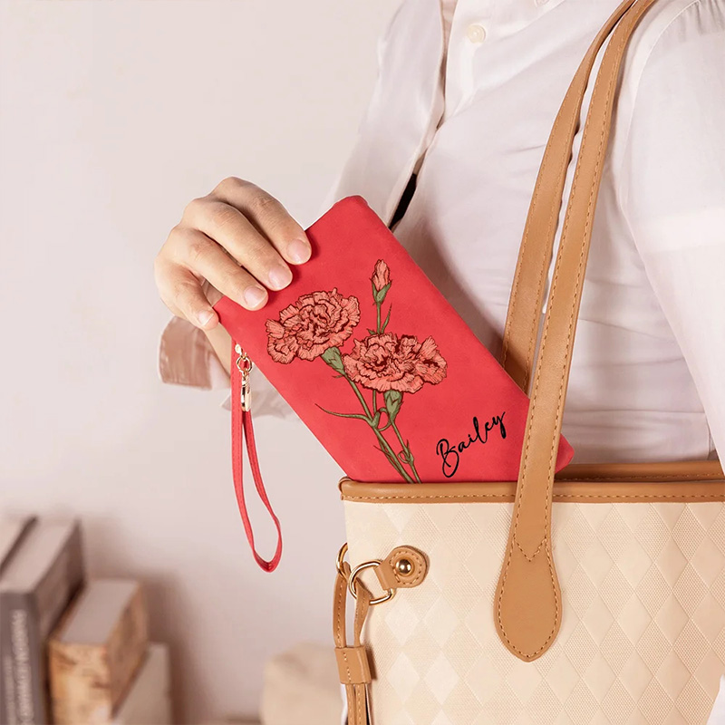 Personalized Watercolor Birth Flower Tri-Fold PU Leather Wristlet Wallet with Card Holder and Name Birthday Anniversary Gift for Women