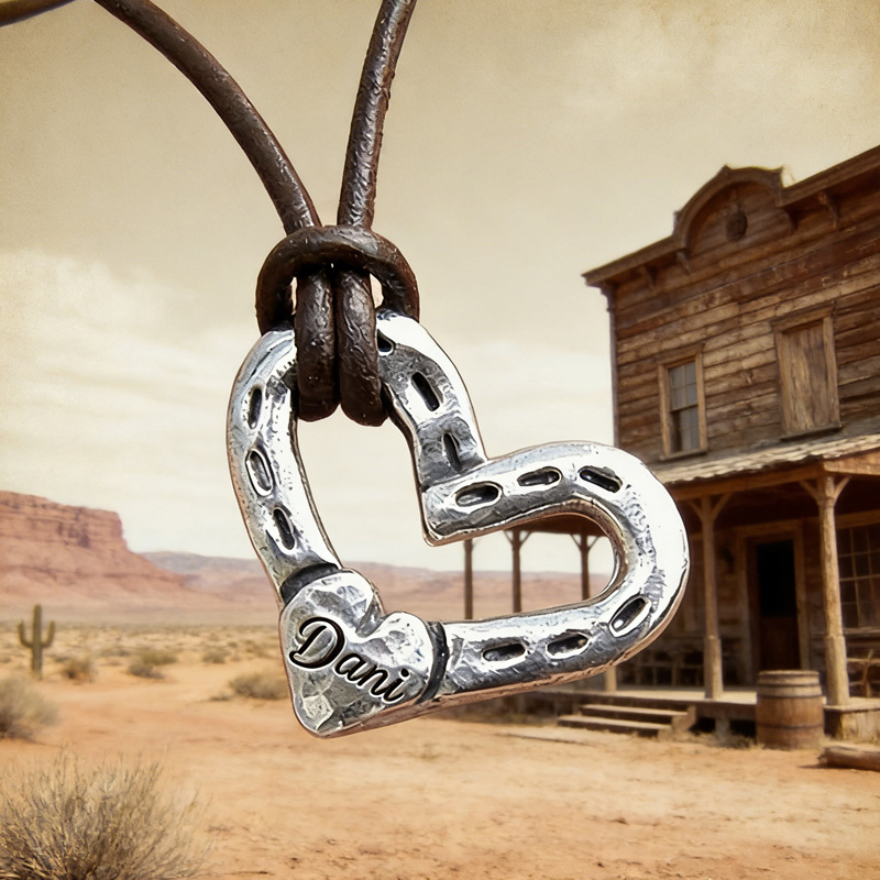 Personalized Heart and Horse Shoes Necklace Horse Love Pendant Rustic Handmade Jewelry Hand Hammered Gift for Equestrain Lovers