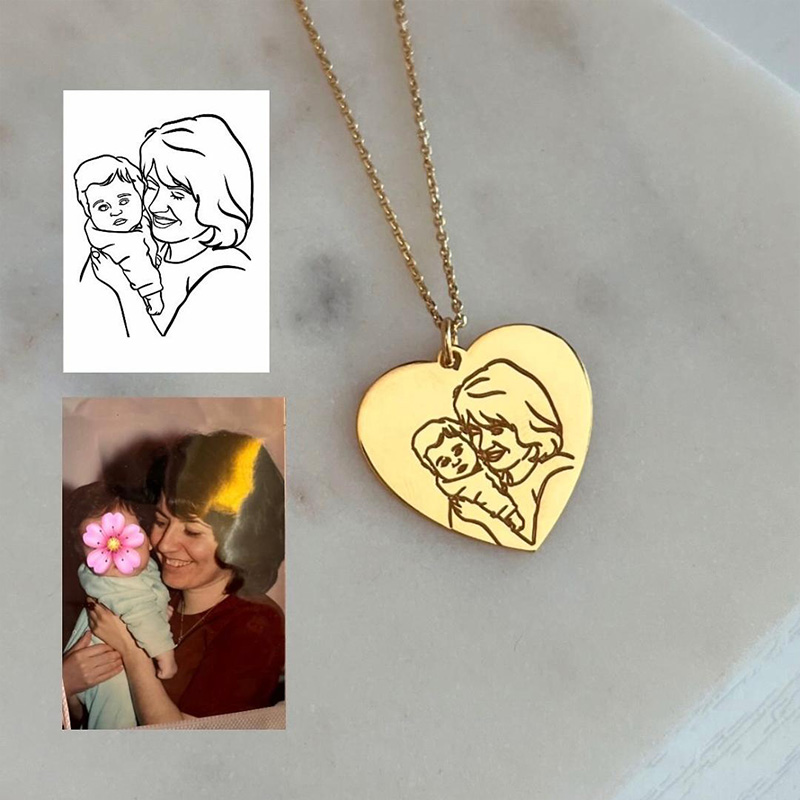Personalized Engraved Famliy Face Photo Heart Design Portrait Necklace With Custom Photo for Memorial Gift, Mother's Day Jewelry