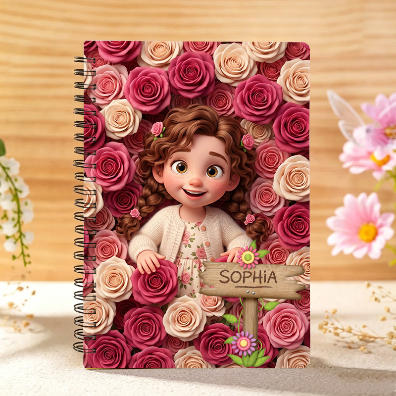 Personalized Cute Cartoon Girl Birth Flower Custom Name Notebook for Children
