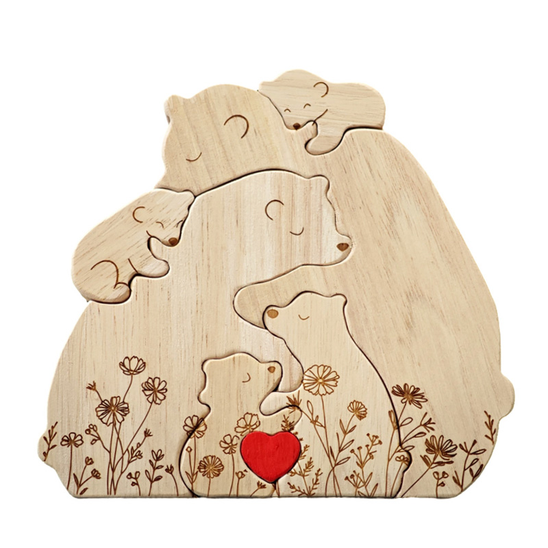 Personalized Wooden Bear Family Puzzle Hugging Bear Family Floral Version Engraved Oak Wood Keepsake with Name Gift for Family