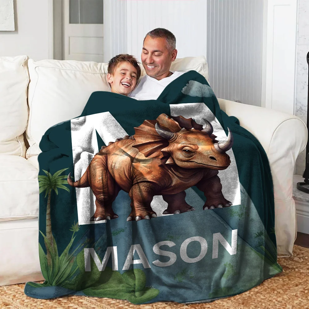 Personalized Cute Dinosaur Soft Throw Blanket with Initial Name Birthday Home Decor Gift for Kids