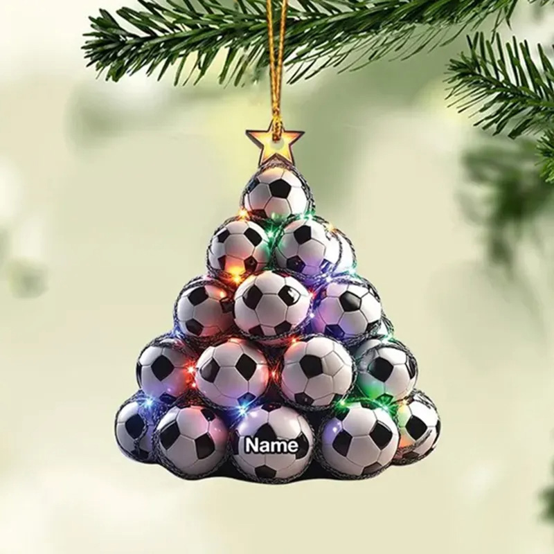 Personalized Soccer Ball Acrylic Christmas Tree Ornament with Custom Name and Festive Lights Design