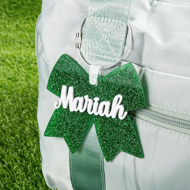 Personalized Cheerleading Glitter Bow Keychains with Custom Name Design