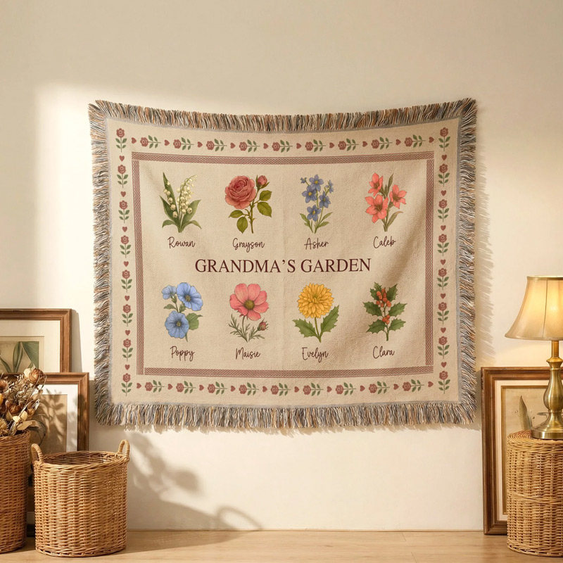 Personalized Retro Birth Flower Grandma's Garden Tassel Soft Throw Blanket with Names and Title Mother's Day Birthday Gift for Grandma Family
