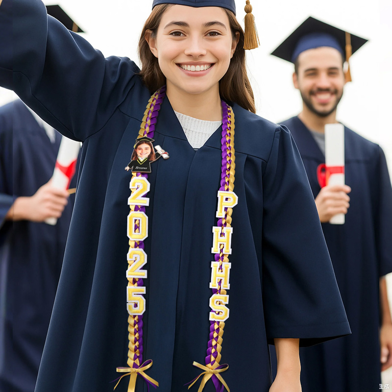 Personalized Cartoon Character Face Photo Bow Two-Colored Braided Ribbon Lei with Name Year and School Graduation Gift for Graduates