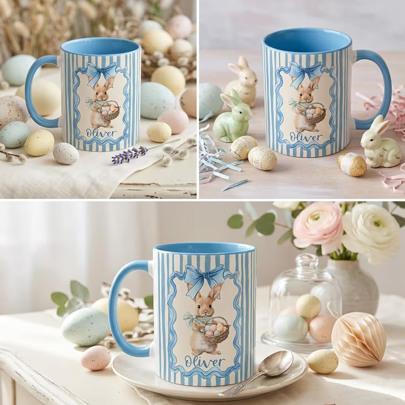 Personalized Cute Easter Egg Bunny 11 oz Accent Mug Custom Name Accent Mug Kids Spring Gift